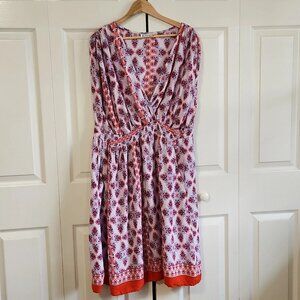 Lapogee Women's Multi-colored V-neck Ruched Shoulders Midi Worldover Dress